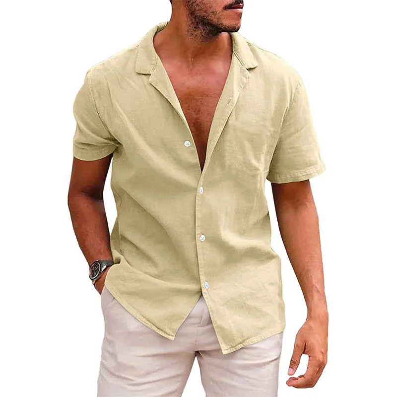 2023 new Cotton Linen Blouse Summer Men Turn Down Collar Short Sleeve Button Loose Blouse Tops Oversized S-3XL