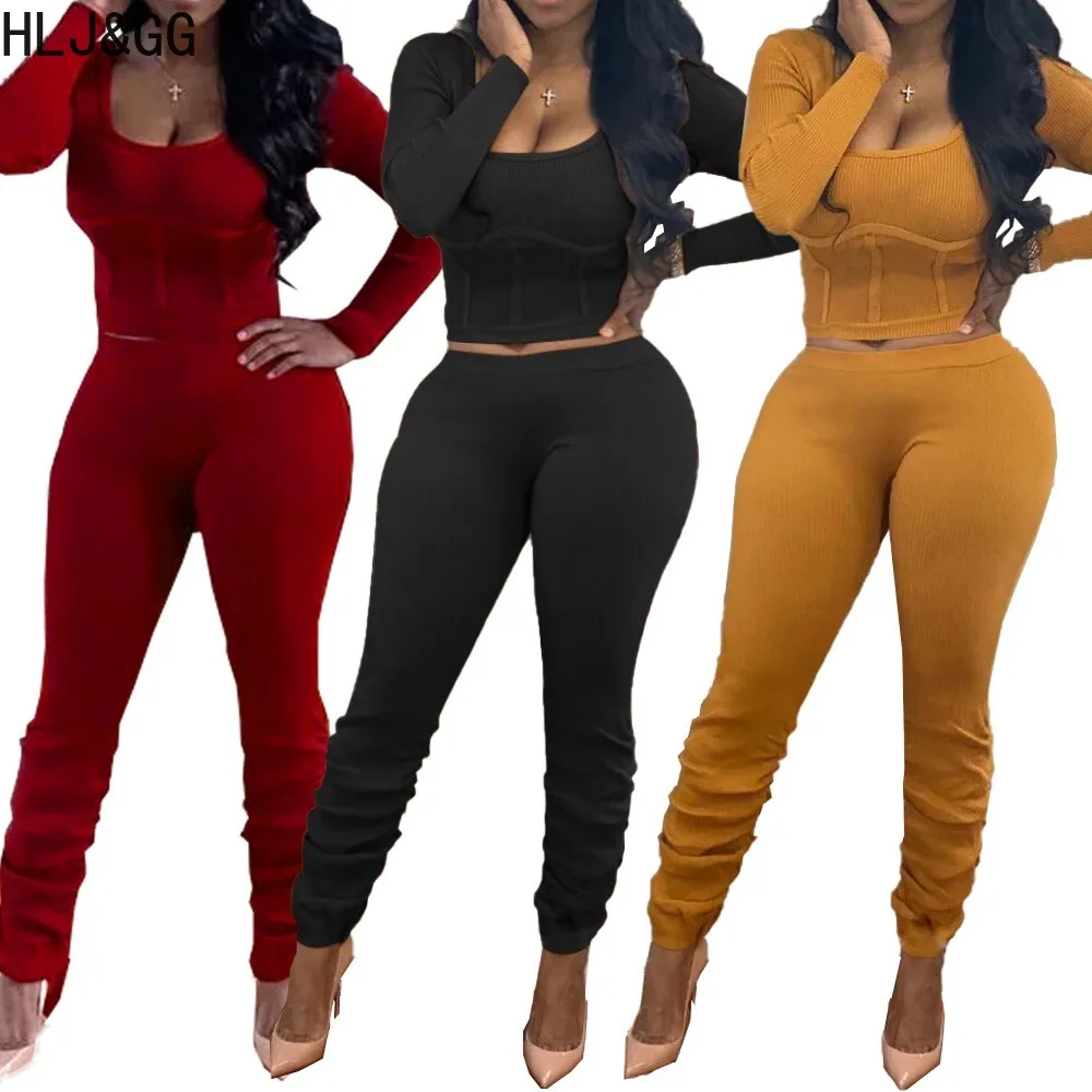 HLJ&GG Casual Ribber Solid Color Stacked Pants Two Piece Sets Women Round Neck Long Sleeve Top + Skinny Pants Outfits Tracksuits