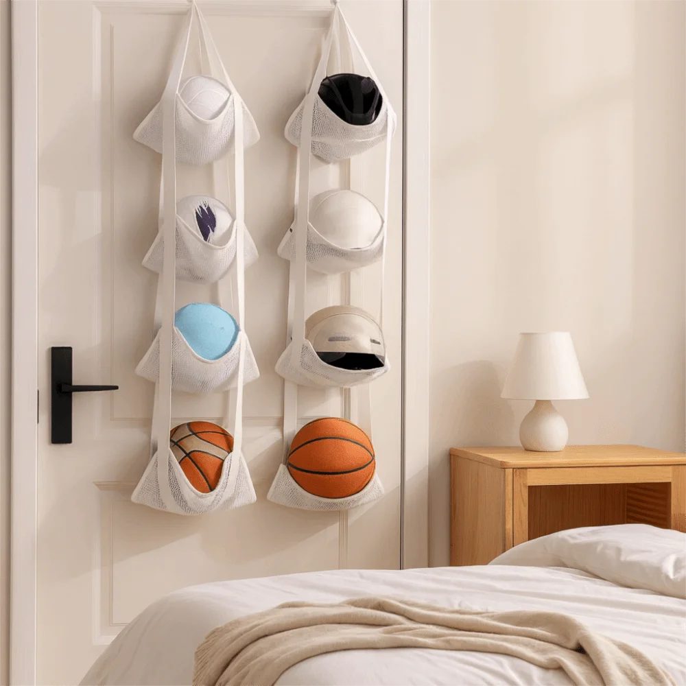 Wall Mounted Ball Storage Hanging Bag Large Capacity Folding Basketball Storage Bag Space Saving Sports Equipment Storage Rack