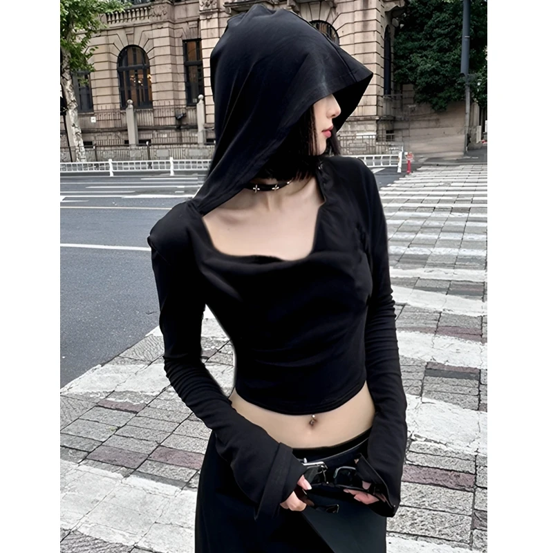 Flare Langarm-Crop-Top mit Kapuze für Damen, Herbst 2025, einfarbig, elastisch, lässig, T-Shirt, Pullover, Florkragen, Y2k-T-Shirt 2526