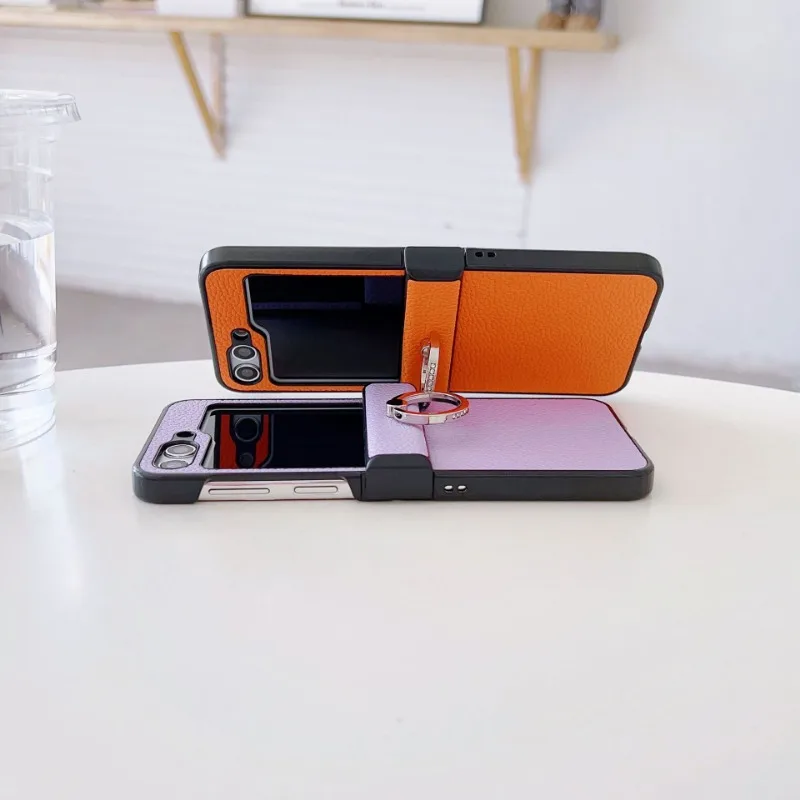 Litchi Patterned Leather Phone Case with Ring Holder and Shockproof Design