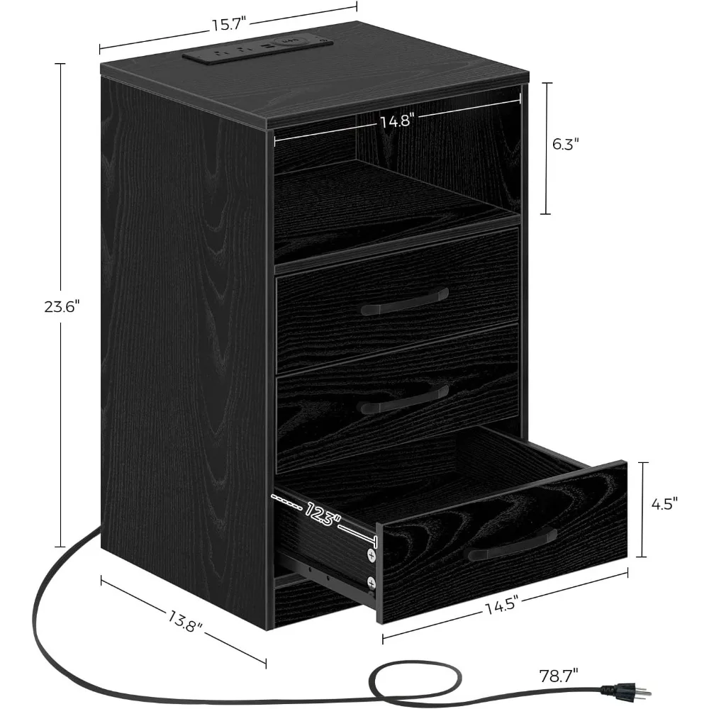Nightstand with Wireless Charging Station and LED Lights, End Side Table with 3 Drawers and Open Compartment, Nightstand 2