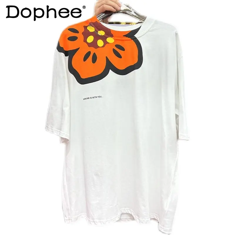 

Niche Flower Print Mid-Length T-shirts Short-Sleeved Women's 2023 Summer Loose Tees All-Match Chic Top Trendy Tshirt Pullovers