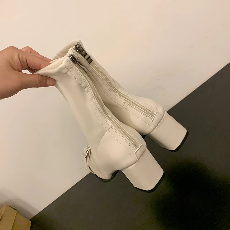 Aphixta Luxury Leather Women Ankle Boots Metal Buckle Back Zipper Close Modern Boots Shoes Woman Boats botines para mujeres