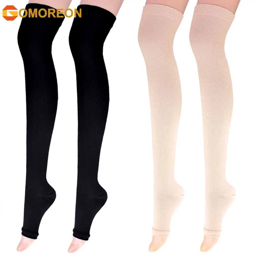 

1Pair Thigh High 20-32 mmHg Compression Stocking Toeless Compression Socks for women & men circulation with Silicone Dot Band