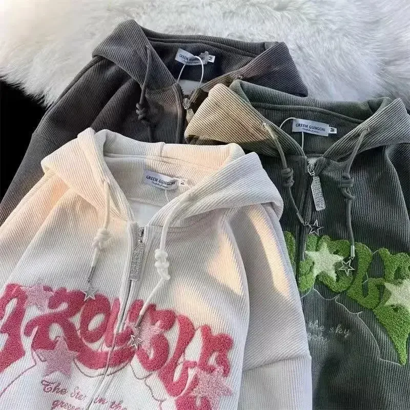 

Women's Y2K Letter Embroidered Hoodie Men Retro Zipper Hoodie Sweatshirt Spring Autumn Harajuku Loose Long Sleeve Couple Sweater