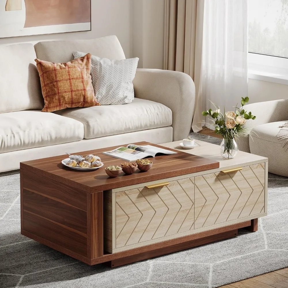 Extendable Coffee Table 42"-65" Length Adjustable Reversible Wood Coffee Table W/ 2 Storage Drawers Rectangular Dual-Tone Table 3