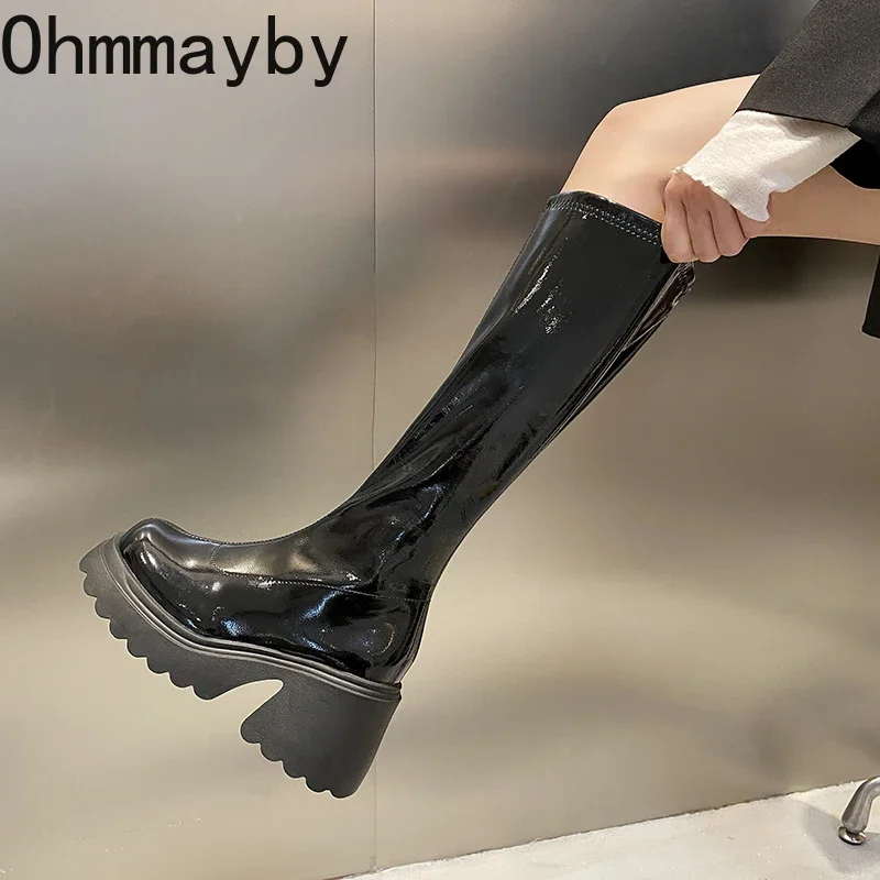 Punk Style Woman Knee-High Boots Zipper Fashion Patent Leather High Heel Ladies Shoes
