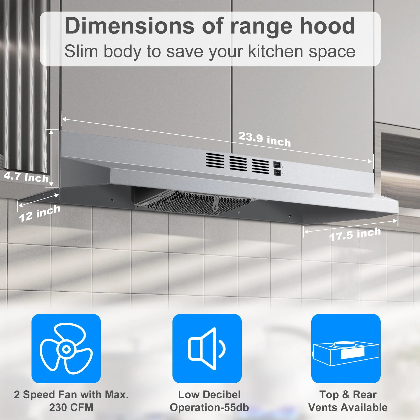 24 Inch Under Cabinet Kitchen Stainless Top Rear Exhaust Vent 2 Speed with LED Bulb Filter Range Hood 3