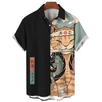 Fashion Men's Clothing Cool Samurai Cat Tops Summer New Men's Clothing Casual Short-Sleeved Anime Loose Blouse Hawaiian Shirts 1