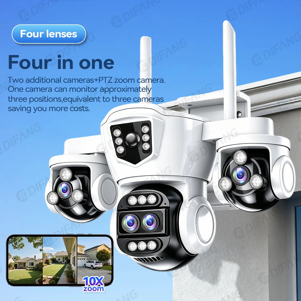 20MP 10X Optical Zoom WiFi Security Cam Four Lens Three Screens Auto Tracking 6K Dual Len Waterproof WiFi CCTV Cam 10K 20MP 5