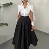 Wefads Autumn Winter Two Piece Set Elegant Solid Long Sleeve Hollow Out Laple Shirt Top Loose Black Dress Sets Women Clothing 1