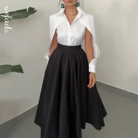 Wefads Autumn Winter Two Piece Set Elegant Solid Long Sleeve Hollow Out Laple Shirt Top Loose Black Dress Sets Women Clothing 1