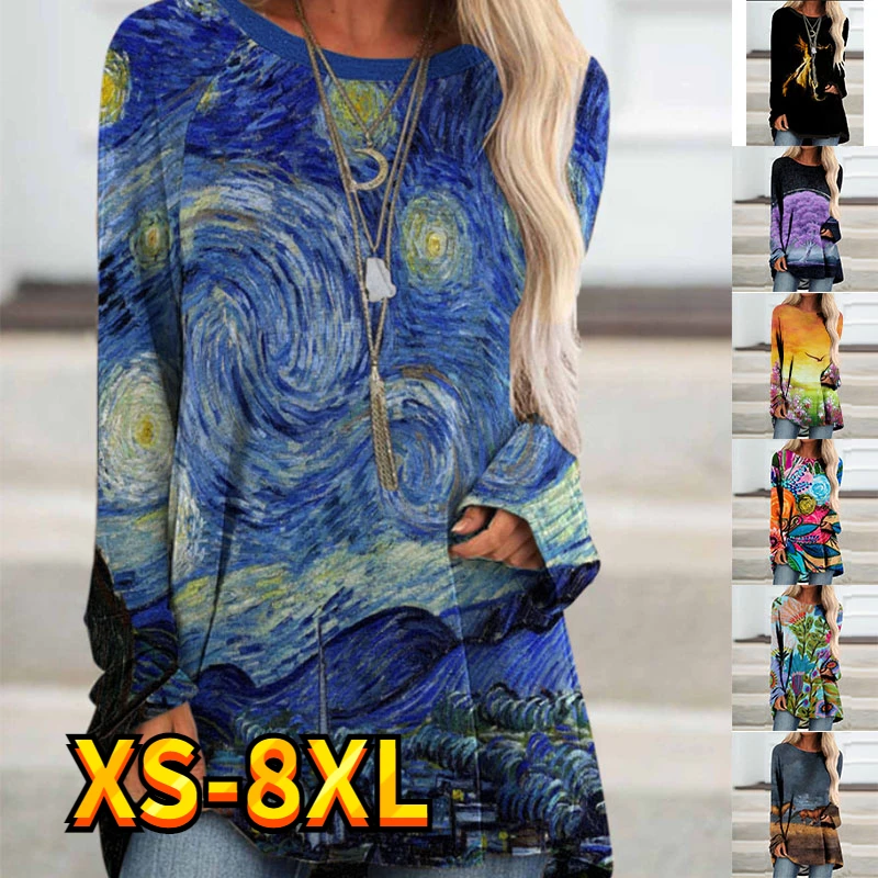 Maglietta Da Donna Tee Abstract Van Gogh Starry Night Print Casual Holiday Weekend Manica Lunga Fiore Girocollo Essenziale Xs-8Xl