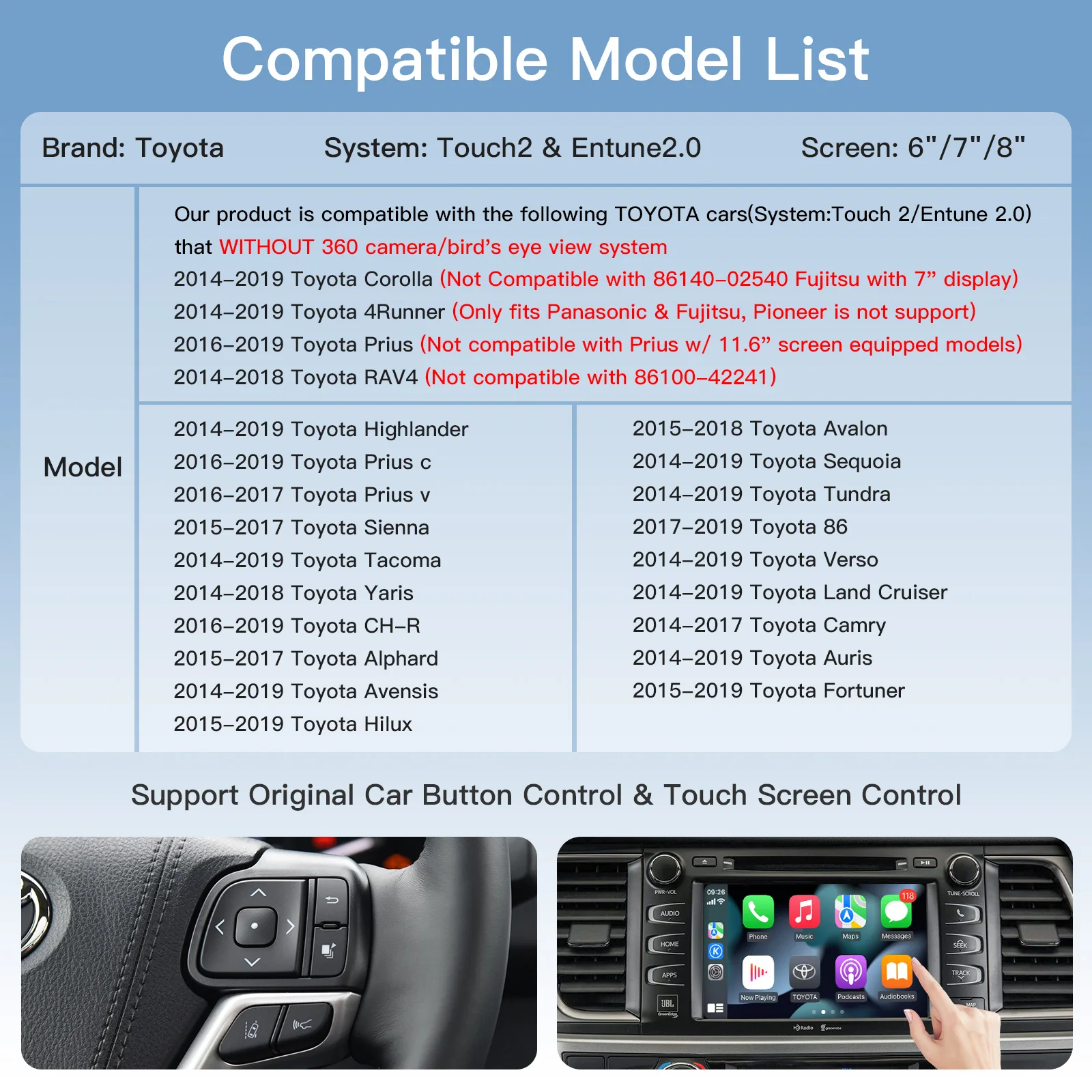 CARABC  Carplay ȵ̵ ڵ TOYOTA Touch 2 CHR Avalon Corolla Camry Yaris Auris RAV4 Highlander 2014-2019 ڴ