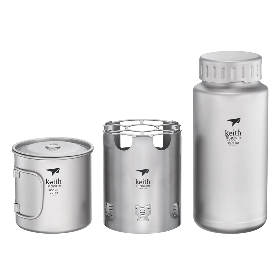 Titanium Nesting Camp Set-Bottle Mug Wood Stove Canvas Carry Bag for Camping Hiking