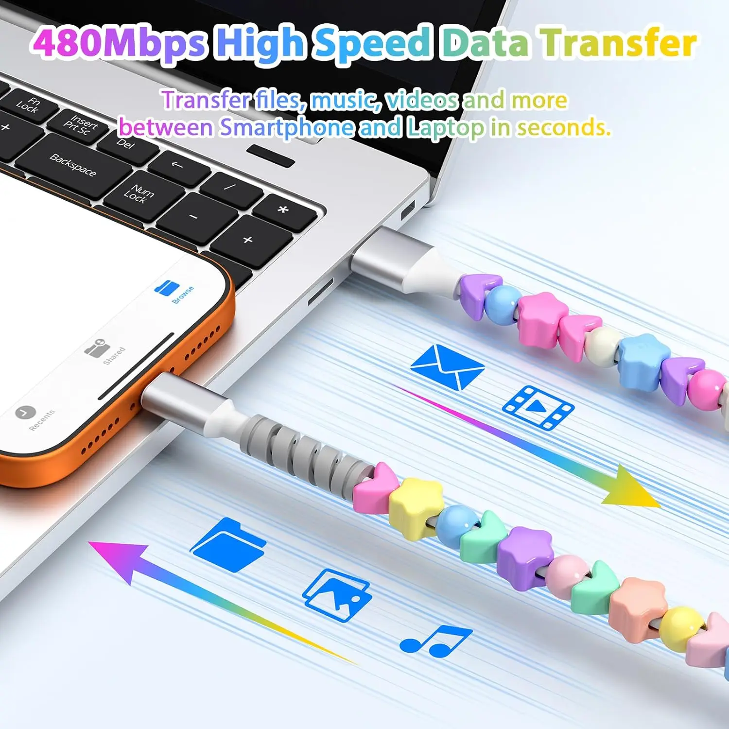 USB C 케이블 3.3피트 화려한 비즈 충전 케이블 27W 아이폰 17 16 15 삼성 타입 C PD 고속 충전 케이블 여성용 선물