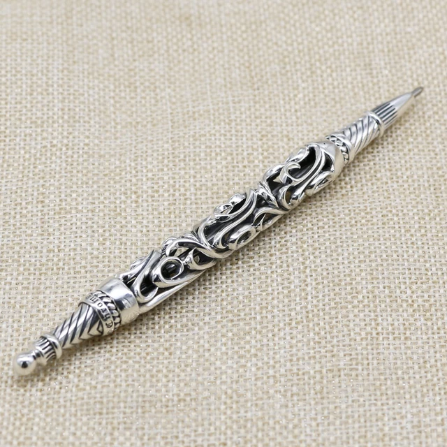 925 Sterling Silver Cross Cut Carved Retro Ballpoint Pen
