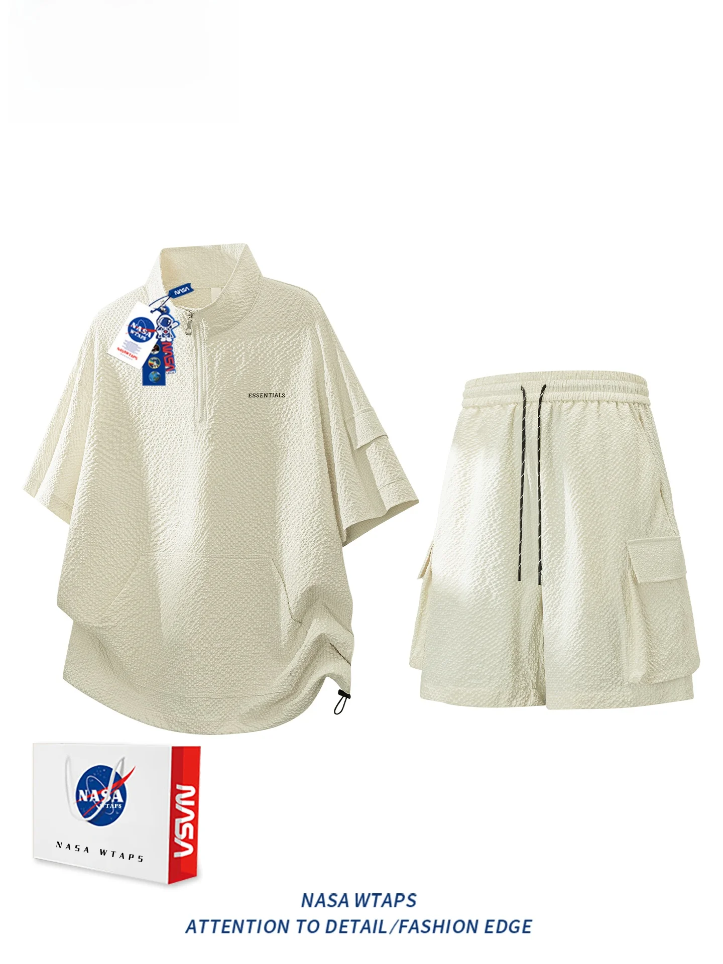 WTAPS 남성 여름 캐주얼 스포츠 루즈핏 반팔 반바지 세트 하프 지퍼 티셔츠 폴리에스터 섬유 청소년용