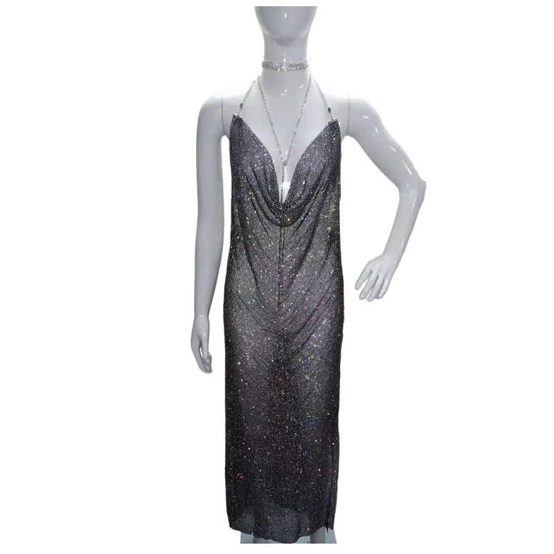 Glänzende Pailletten-Abendkleider mit Spaghettiträgern, 2022, Sommer, Cocktailparty, Damen, sexy Maxi, Ballsaal, Kristall, Y2K-Körperkette, Schmuck – Detail 10