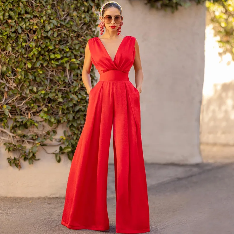 

Fashion Spring Sleeveless Deep V-neck Jumpsuit Elegant Summer High Waist Pockets Party Overall Combination Loose Office Romper