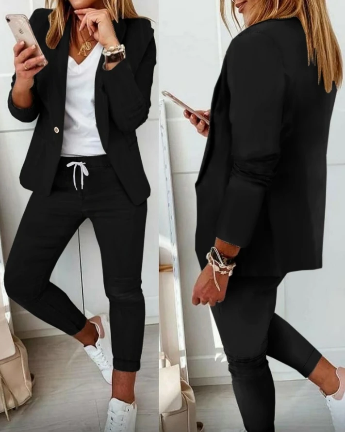 Fashion Women Elegant Office Work Suit Set Shawl Collar Button Long Sleeve Blazer Coat and Drawstring Cuff Slim Fit Pants Set national wind shawl cloak jacket fashion warm colorful travel jacket tassel large size outer wear sweater