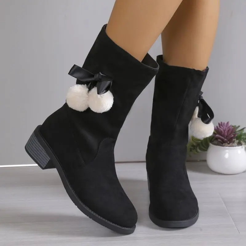 

New Women Low Heel Mid-calf Winter Boots Fashion Round Toe Fluffy Snow Boots With Bowknot Loveliness Warmth Female Plus Size 43