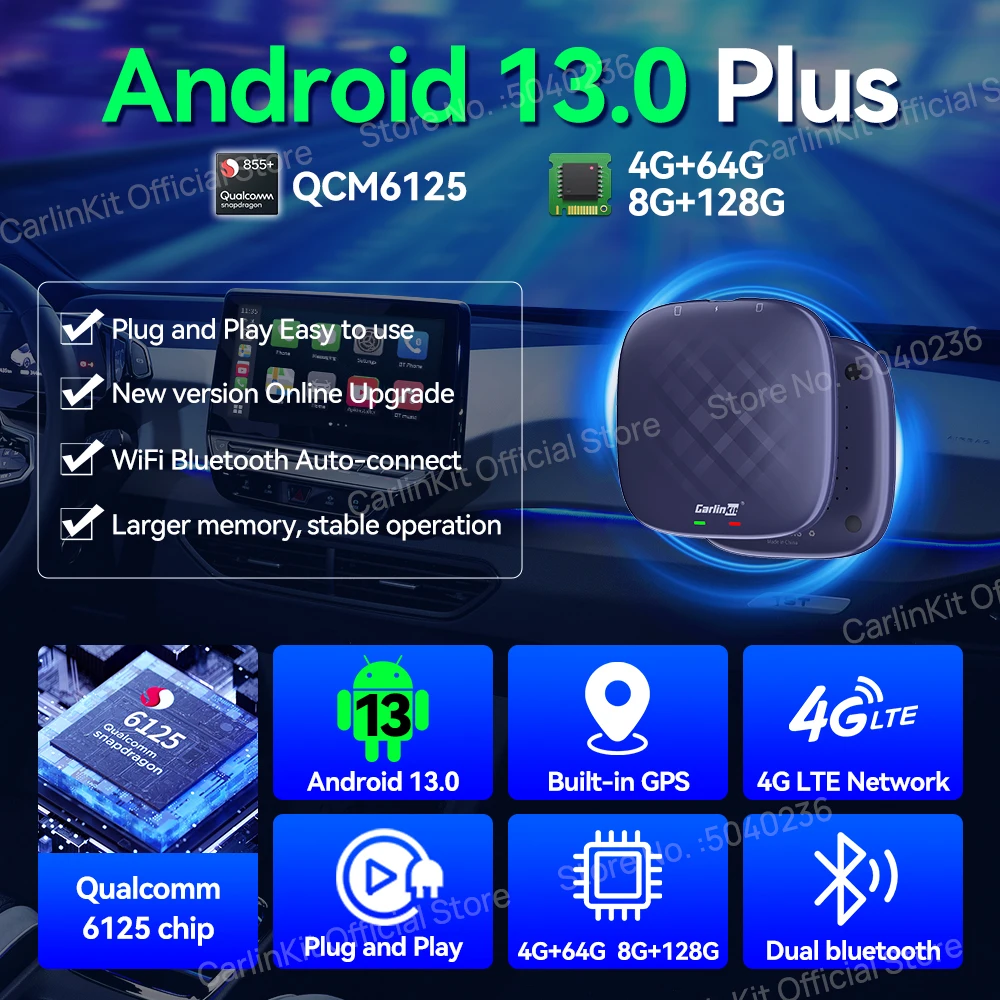 CarlinKit Plus  Carplay ȵ̵ ڵ ȵ̵ 13 TV ڽ Qualcomm QCM6125 8 ھ Ʈ CarPlay AI ڽ FOTA ׷̵ 4G LTE   