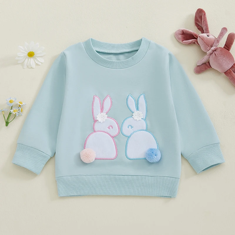 Toddler Baby Girl Boy Sweatshirt Easter Clothes Kids Bunny Embroidery Crew Neck Long Sleeve Pullover Casual Tops for Infant 1-4Y