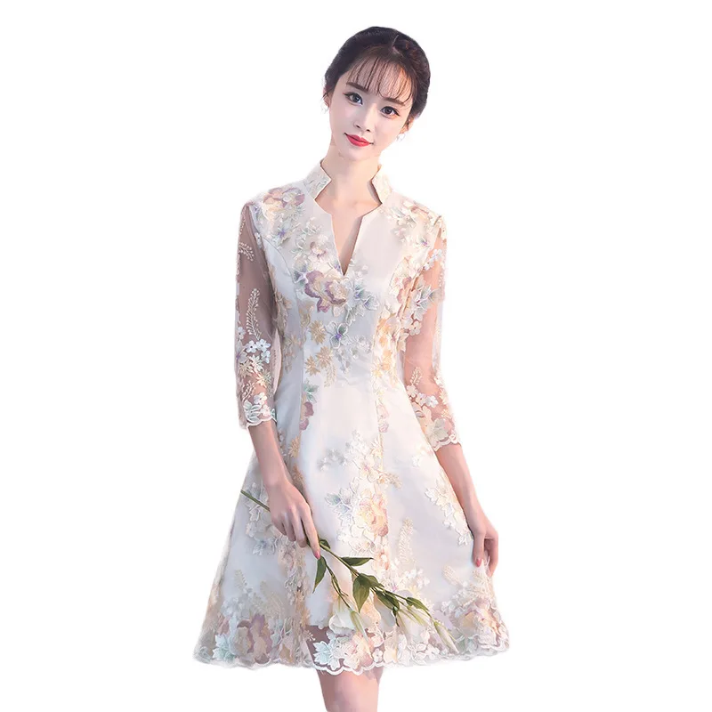 Novelty Lady Embroidery Flower Chinese Lace Dresses Elegant Mandarin Collar Qipao Short Skirt A-Line Wedding Party Gown