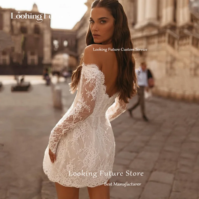 Boho Mermaid Mini Long Sleeves Wedding Dress Lace Appliques Sexy Strapless Pleated Open Back with Zipper Bridal Grown Customized 12 S9e286bfaa0934dc8b6fe5e1cd8b98519k