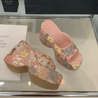 13cm Black Wedge Sandals Women Pink Flower Print Platform High Heels Slippers Summer Ladies Shoes Silver 13CM Heeled Sandals - Image 5