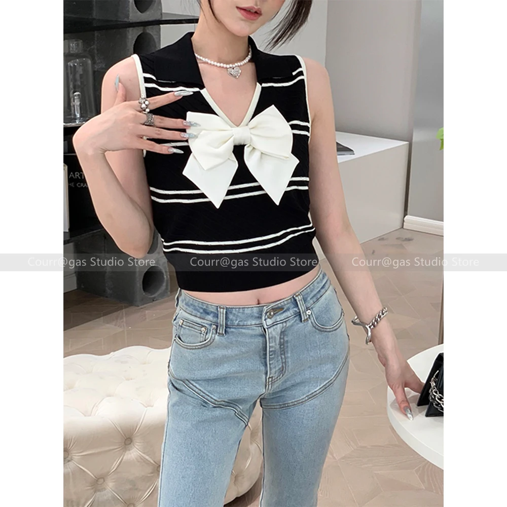 

Striped three-dimensional bow thin knitted playful ageing Polo collar sleeveless undershirt top 2024 summer new female