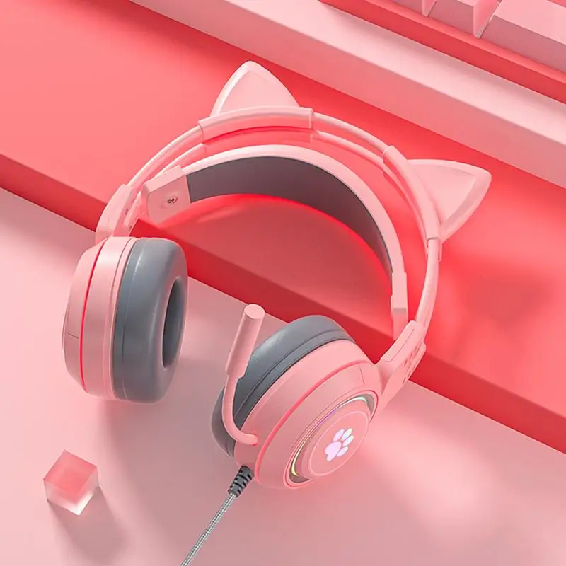 For PS-5 Headphone With Microphone HiFi Stereo Bass Cat Ears Headset Gamer Girls RGB Black Pink Helmet For PC Laptop Phone X-box