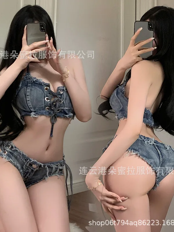 여성 매달린 목 등 없는 가슴 레이스 업 상의 데님 비키니 반바지, 섹시한 섹시한 소녀 유혹 세트, FJ7V, 2023 여름