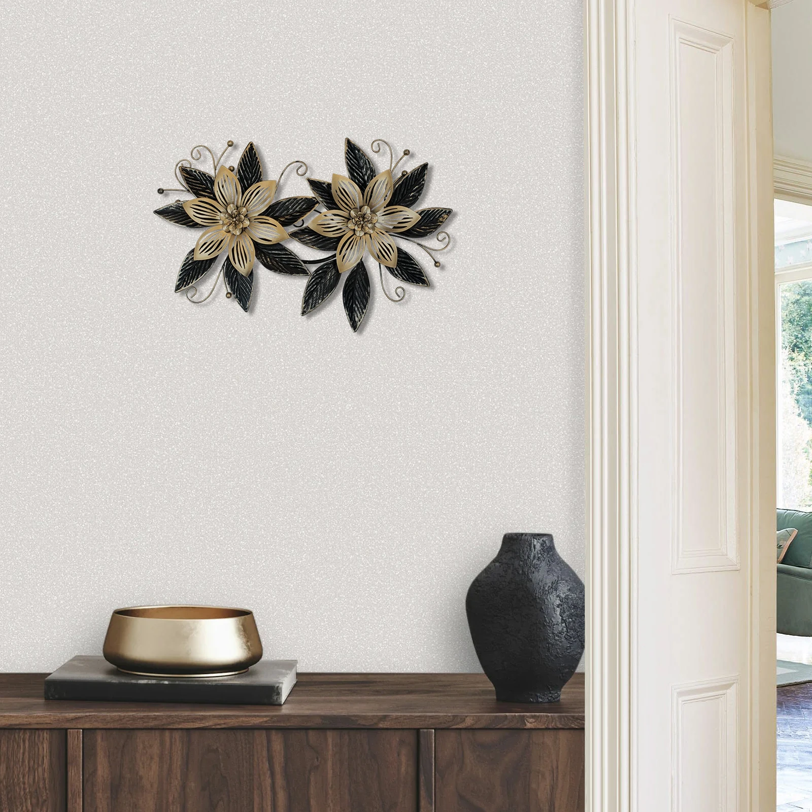 House of Arts - Metal Flowers Planteuse 3D - Moderne wanddecoratie met bloemen 120x40x7cm - Handgemaakt - Gemaakt van metaal - brons, zilver, goud
