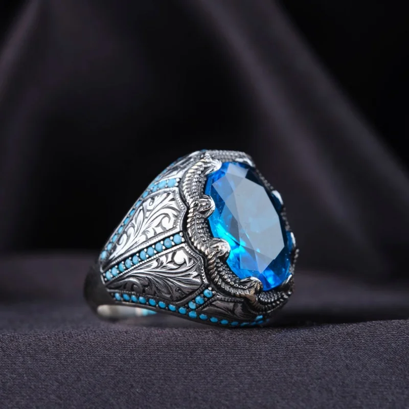 Turkish Rings Retro Handmade For Men Vintage Metal Silver Inlaid Blue Zircon Punk Muslim Jewelry