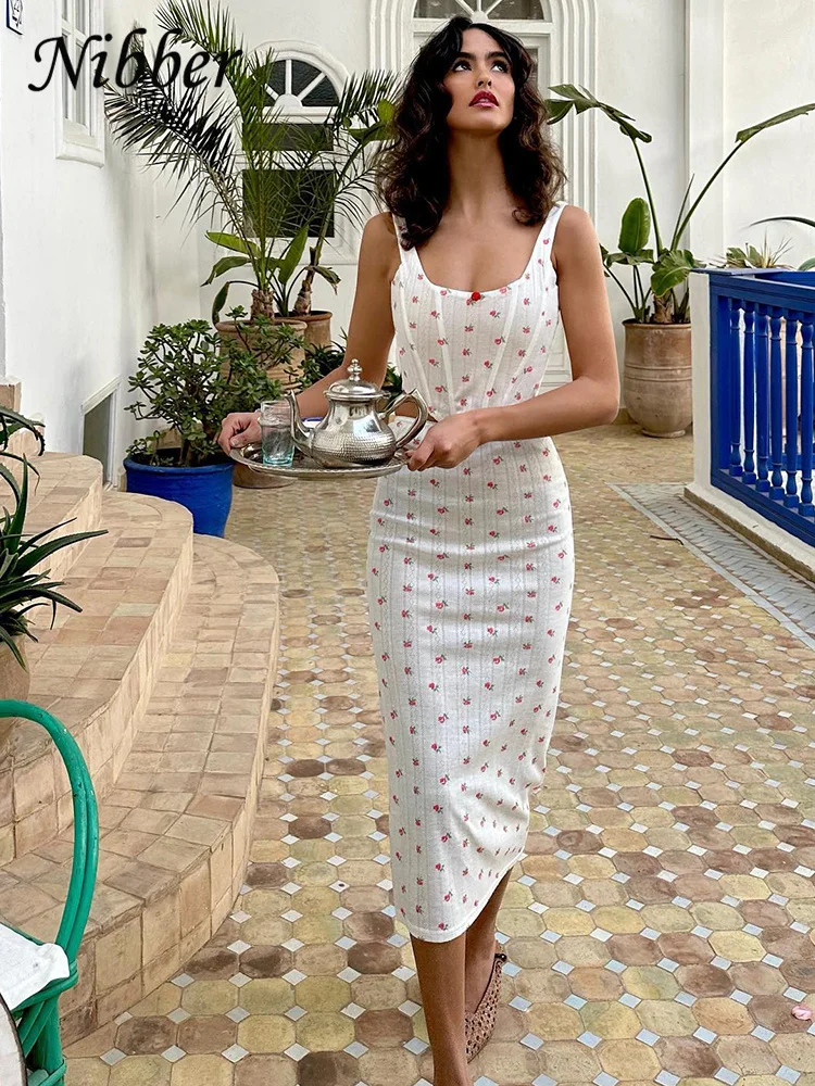 Nibber Sweet Floral print Two Piece Set Women New Hipster Unique Shape Spaghetti Strap Tops + High Elastic Waist Hip Skirts suit