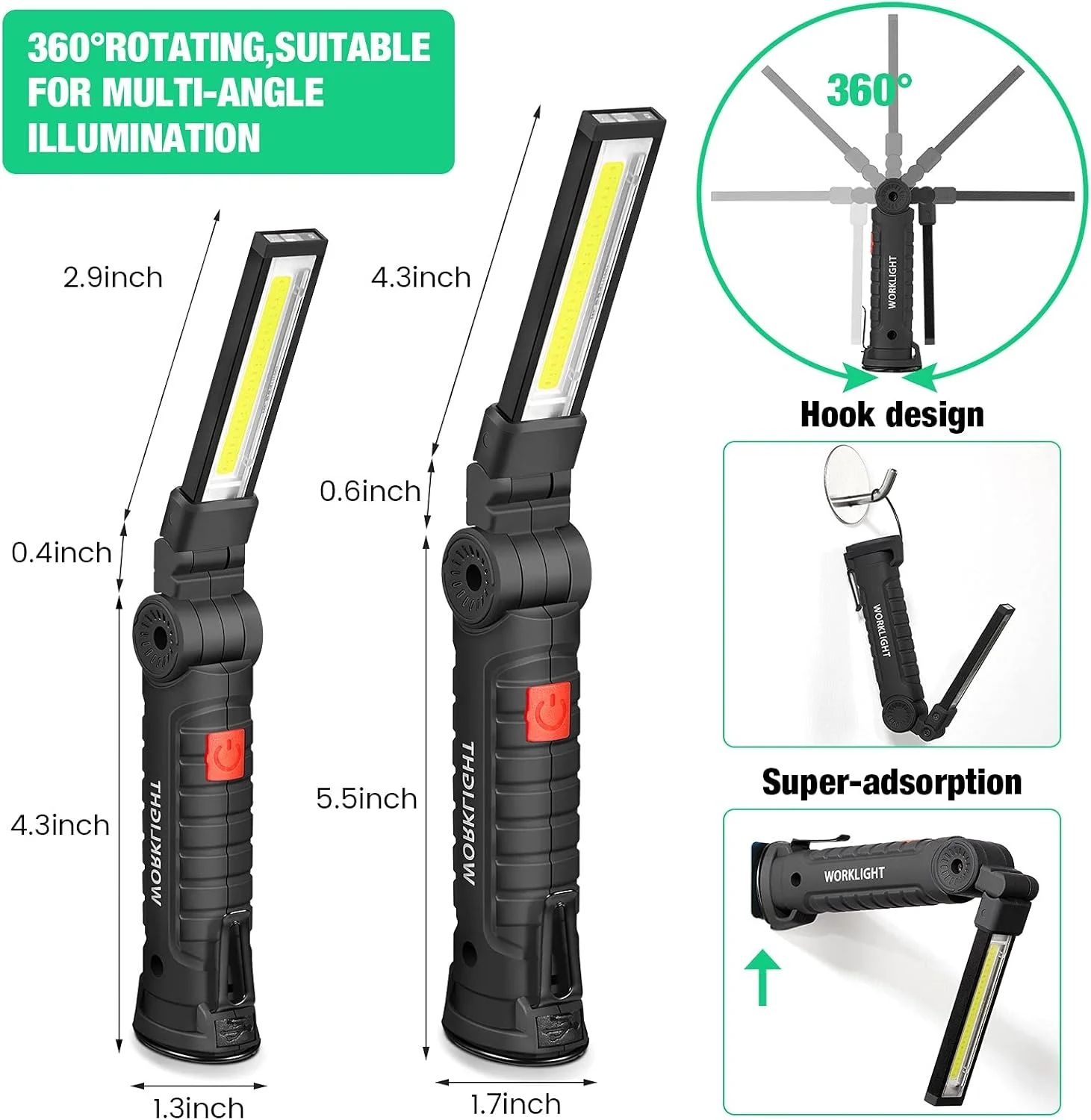 COB LED Work Light Dimmable USB Rechargeable LED Flashlight Inspection thumbnail 12