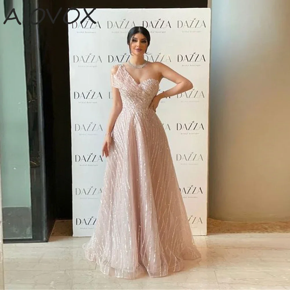 

AIOVOX A-line Party Dresses Elegant Glitter One Shoulder Sweetheart Floor-Length Sequined Formal Occasion Dress فساتين السهرة