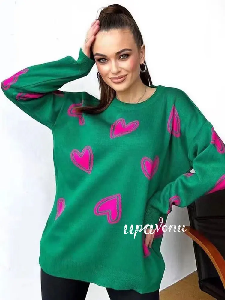 

Leisure Autumn Love Design Pullover Knitted Sweatershirt Women's O-Neck Long Sleeve Loose Large Size Knitwear Fashion 2023 New