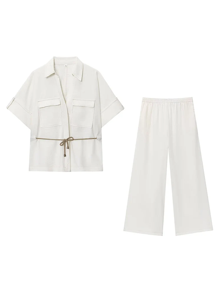 TFMLN Casual Loose Women's Shirt Pants Two Piece Sets Elegant New Solid Short Sleeve Shirts Top Wide Leg Pants Summer Outfits