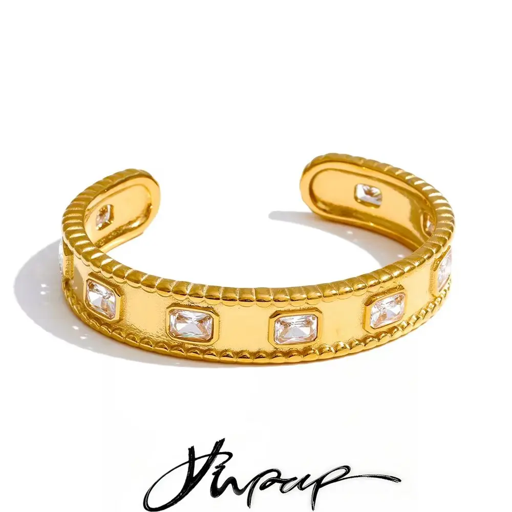 Yhpup 62mm Stainless Steel Square Zirconia Cuff Bracelet