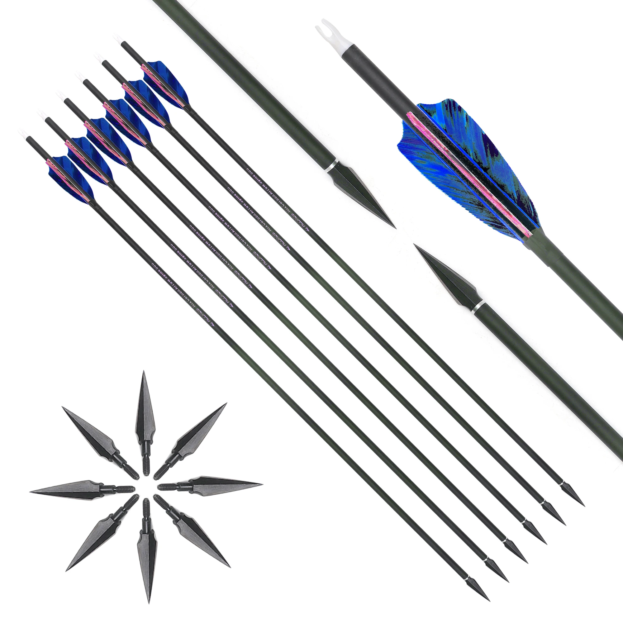 

ID6.2 Archery Bow and Arrow Spine300/350/400/500/600/700/800 Feather Arrow Removable Broadhead for Recurve/Compound Bow Shooting