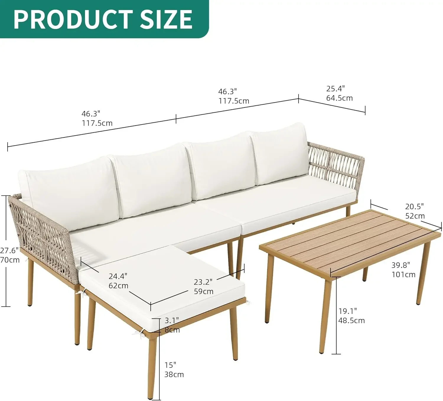NEW-Patio Furniture Set, 6 Pieces Outdoor Rattan Woven Sectional Sofa Patio Loveseat with Ottoman and and Side Table