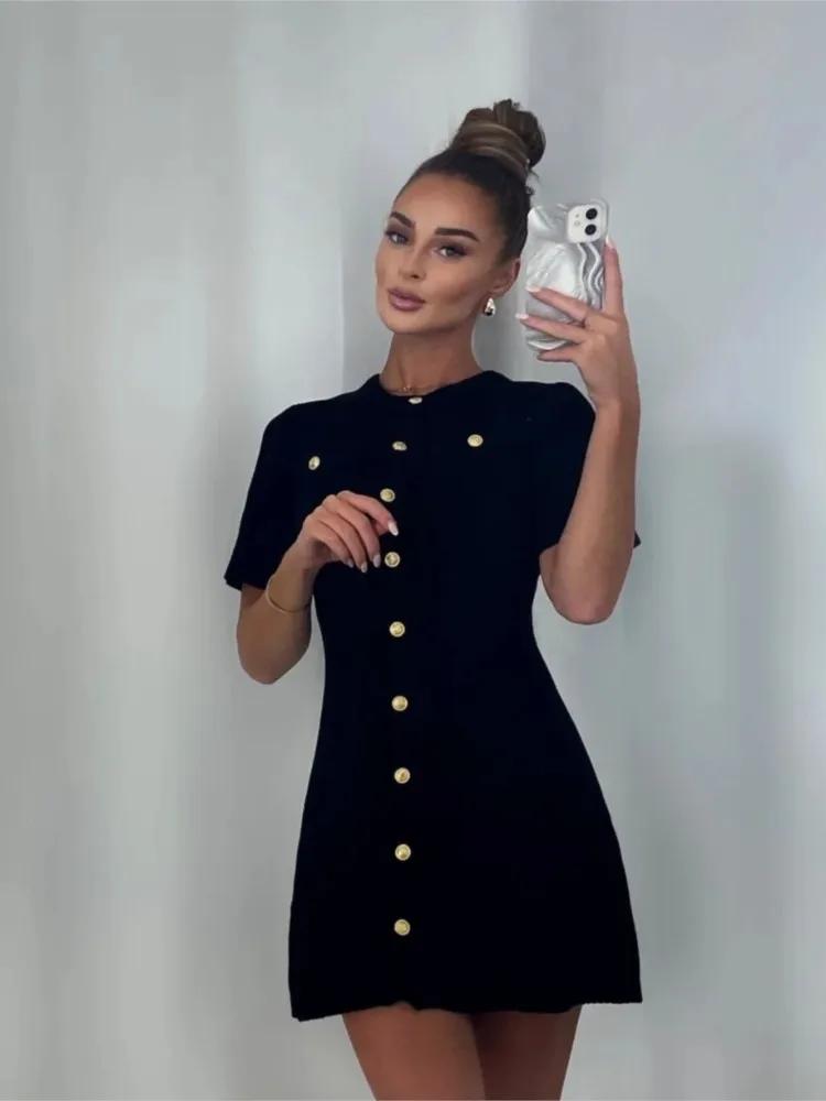 Solid Color Elegant Knitted Mini Dress For Women Metal Button Sexy Slim Rib Sweater Dress Holiday Party Outfits Spring 2025 New