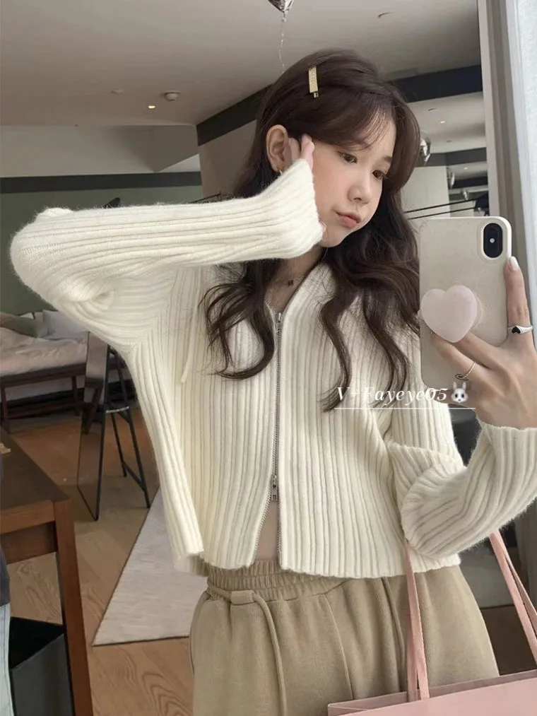 

Fashion Fur Collar Long Sleeve Slim Knitted Cardigan Solid Color Screw Thread Open Navel Zipper Sweater Korean