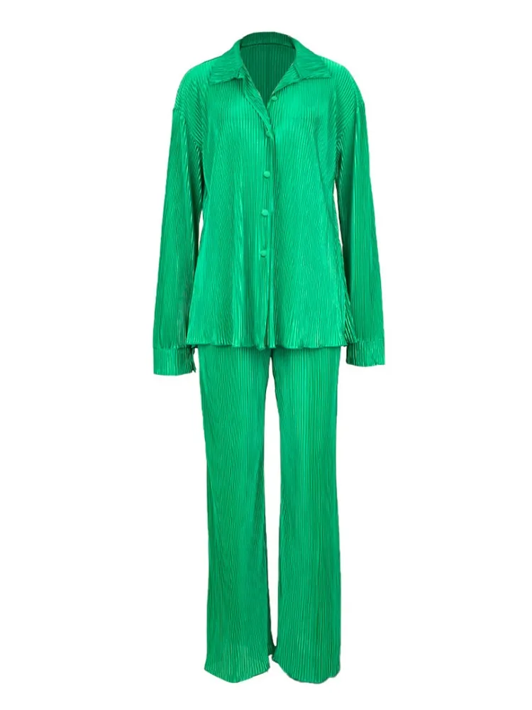 QFAF Fashion Pleated Women's Set Long Sleeve Oversized Shirt and Wide Leg Pants 2023 Elegant Tracksuit Two 2 Piece Set Outfits 3