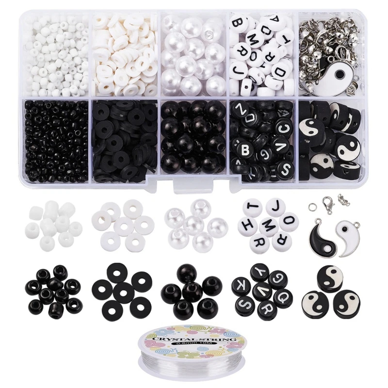 

1 Box Tai Chi Bead Yin Yang Clay Loose Beads For DIY Necklace Bracelet Jewelry Making Supplies Kit with Crystal Clear Rope
