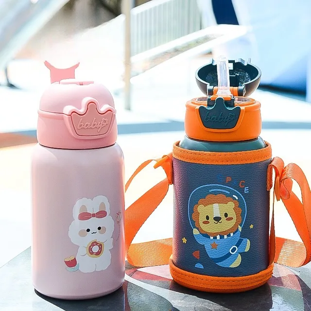 480ml Kids Thermos Bottle Cute Children's Thermal Water Bottle with Straw Stainless Steel Thermos Mug for Kid Portable Water Cup